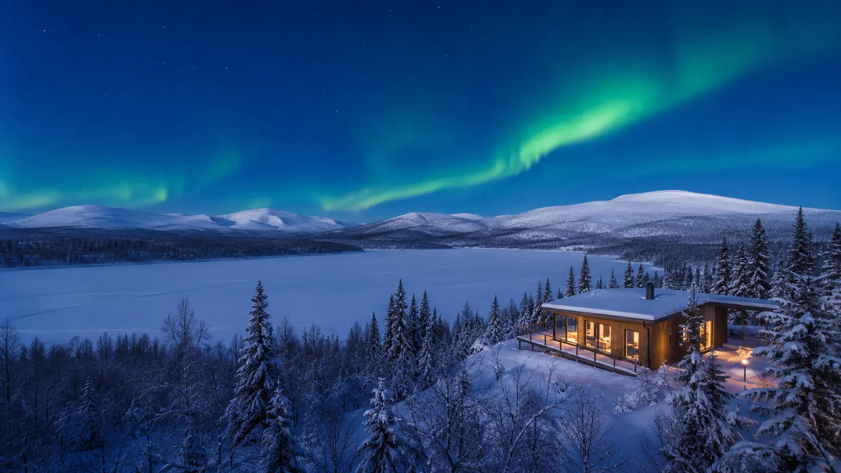 Northern lights above a snowy lodge in Swedish Lapland