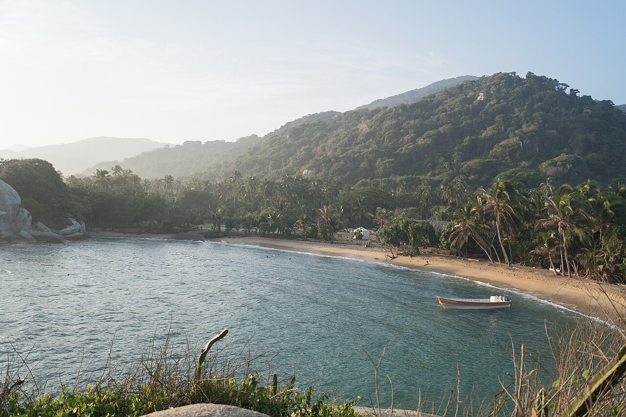 Cabo San Juan beach in Tayrona National Natural Park, with palms and forested hills
