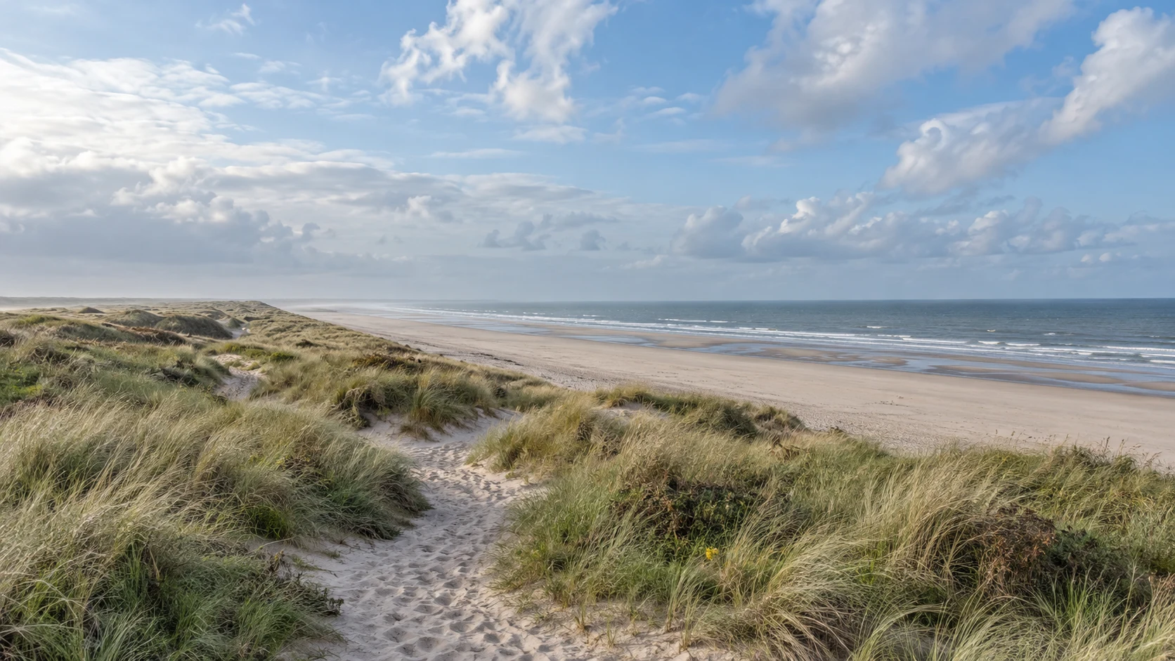 Illustrative Texel dune path through marram grass towards the North Sea