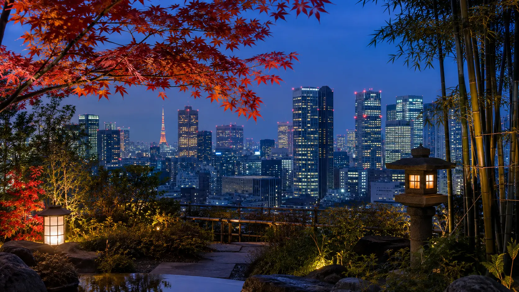 Vegan Japanese hotel breakfast with the Tokyo skyline