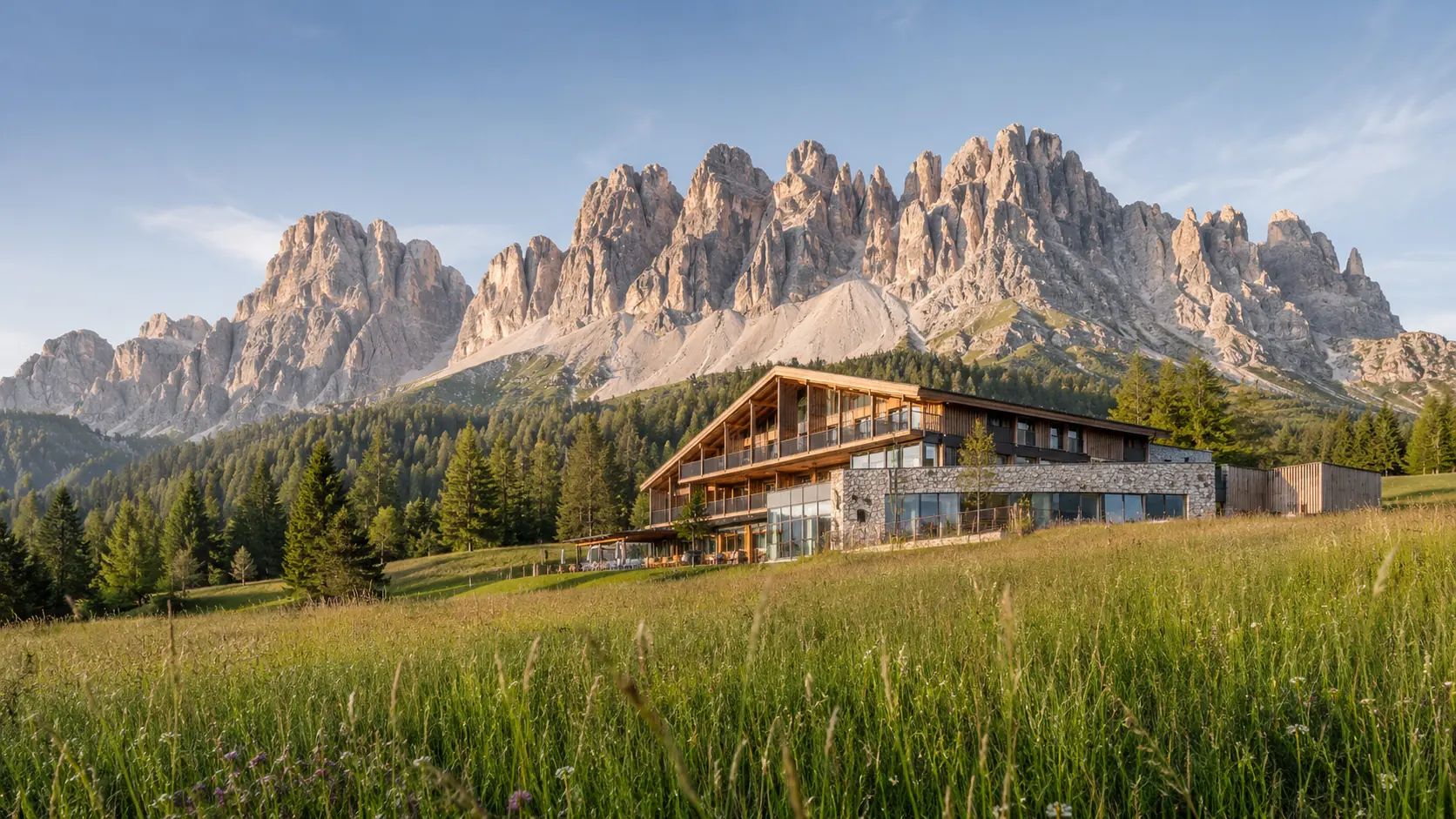 Alpine lodge before the Dolomite peaks in Trentino–South Tyrol