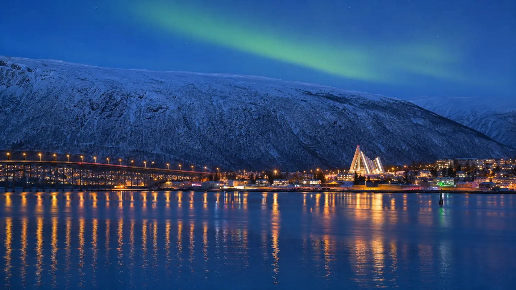 Tromso waterfront, Arctic Cathedral and northern lights