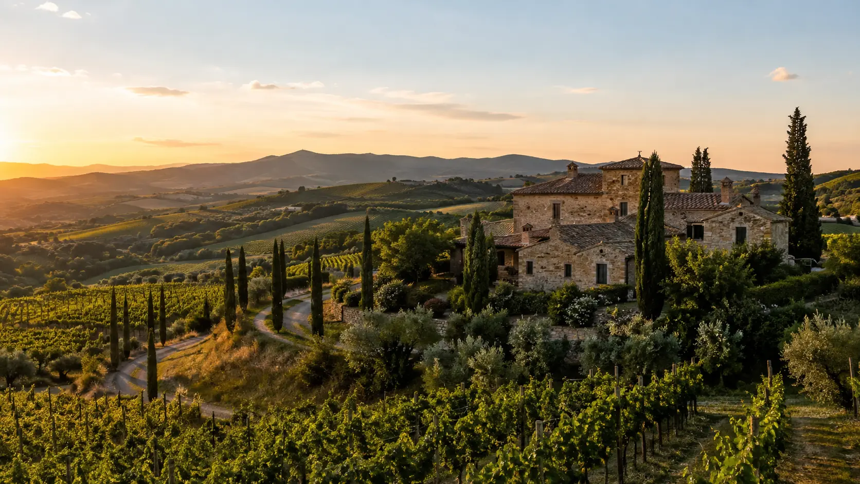 Tuscan stone villa among vineyards and rolling hills