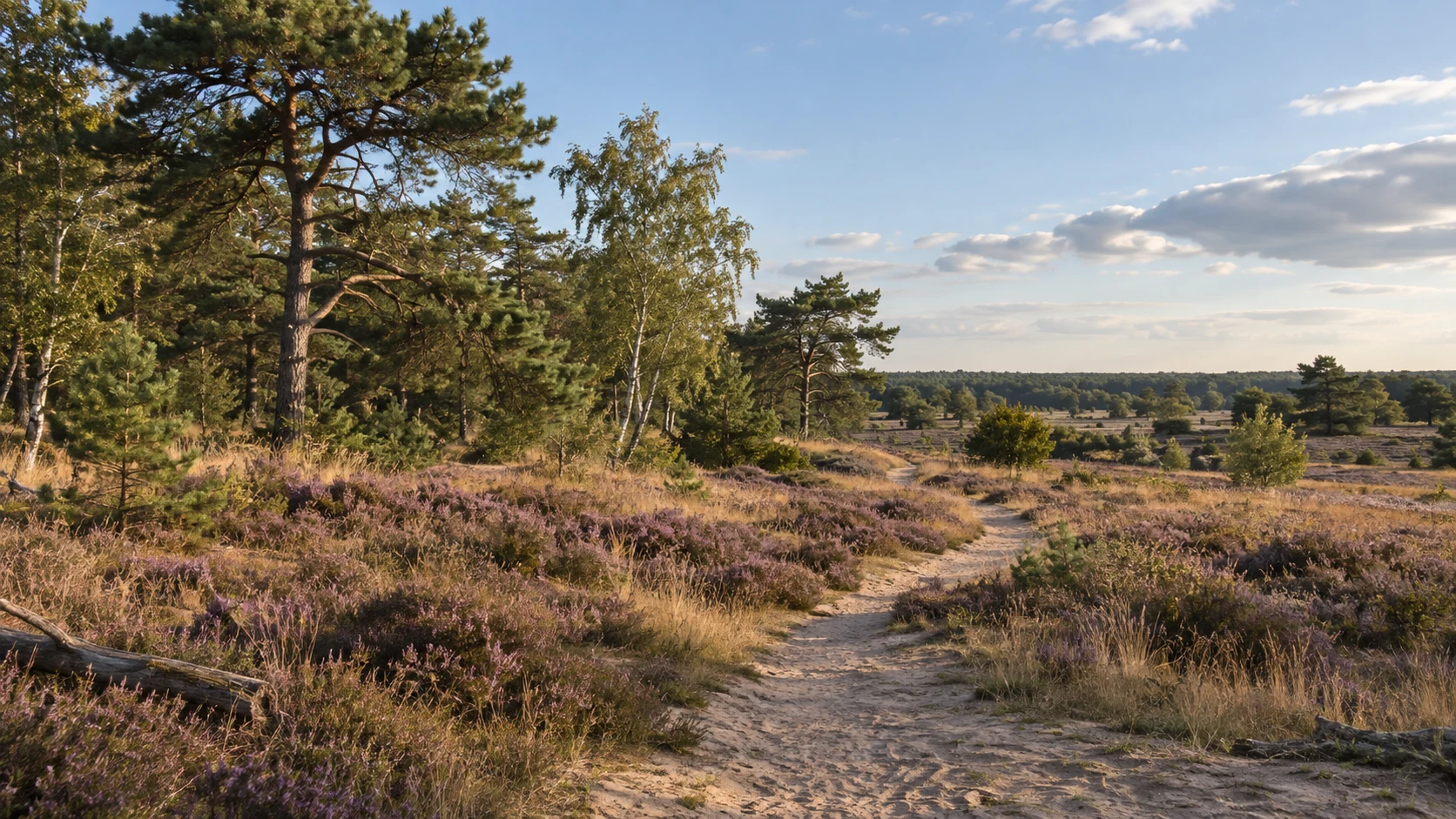 Illustrative Veluwe landscape with a sandy path, purple heather, pines and birches