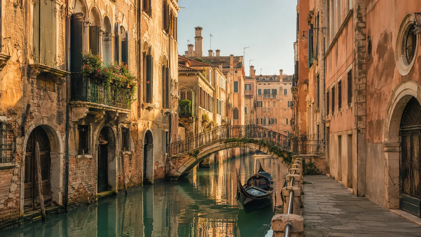Venetian canal with historic buildings and a stone bridge