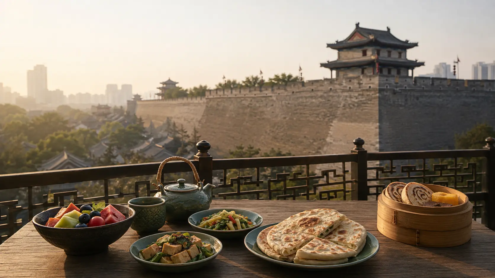 Vegan Chinese breakfast overlooking the ancient city of Xi'an