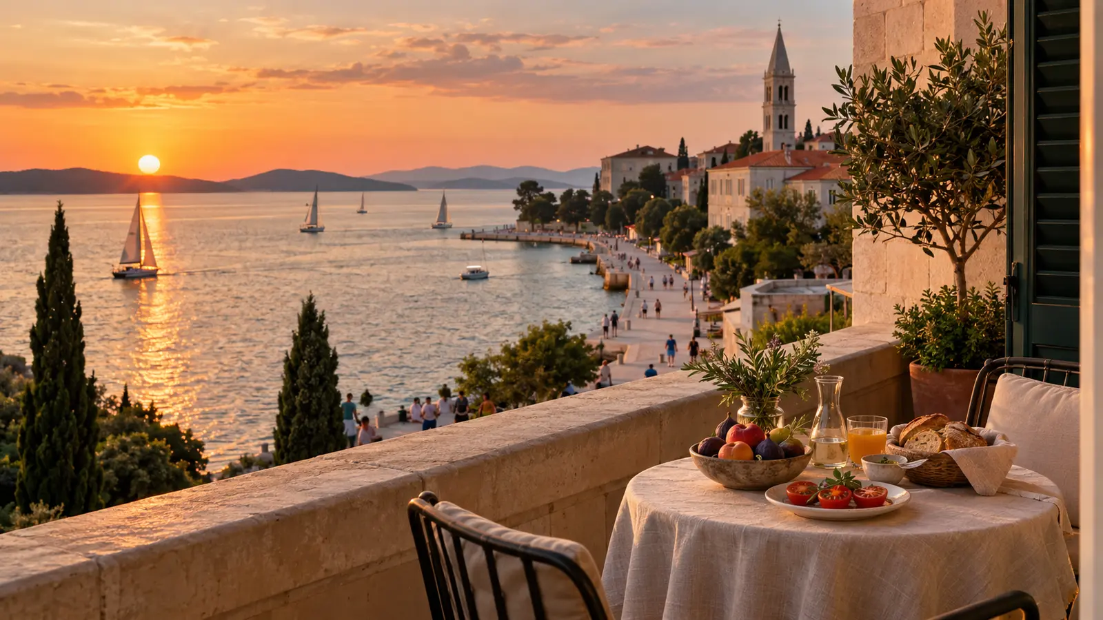 Zadar waterfront at sunset with Adriatic islands and a fresh vegan breakfast on a terrace