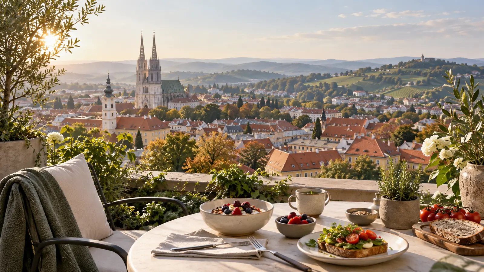Zagreb rooftops and green Zagorje hills with a stylish plant-based hotel breakfast