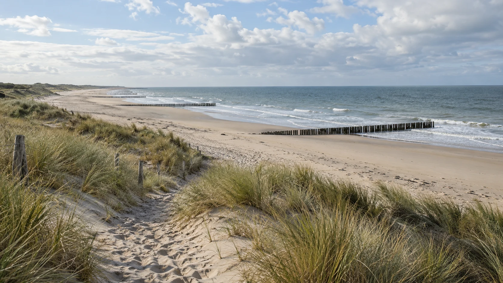 Illustrative Zeeland coastline with dunes, wooden groynes and a sandy beach
