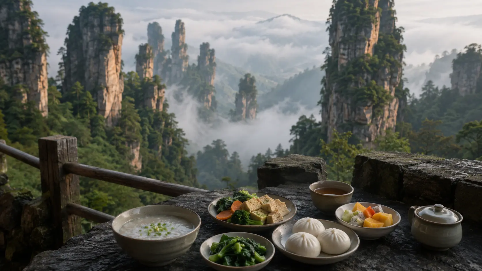 Vegan breakfast overlooking the sandstone pillars of Zhangjiajie