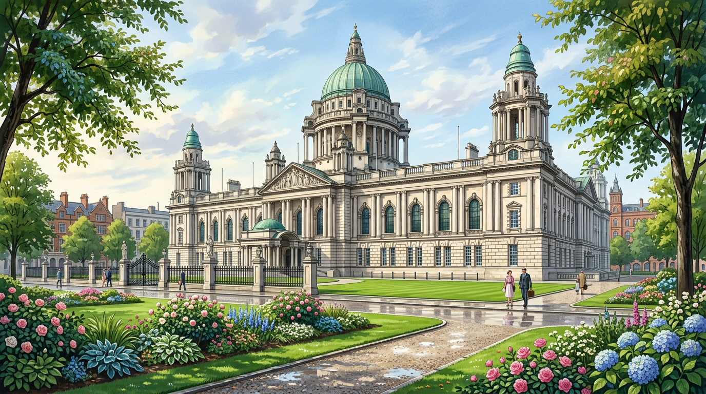 AI-generated travel illustration inspired by Belfast City Hall and its gardens