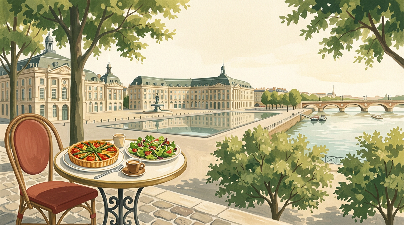 AI-generated Bordeaux travel illustration with waterfront architecture and a plant-based café meal