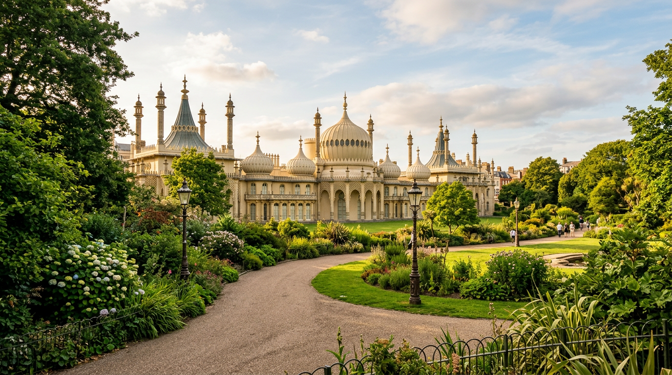 AI-generated travel illustration inspired by Brighton’s Royal Pavilion