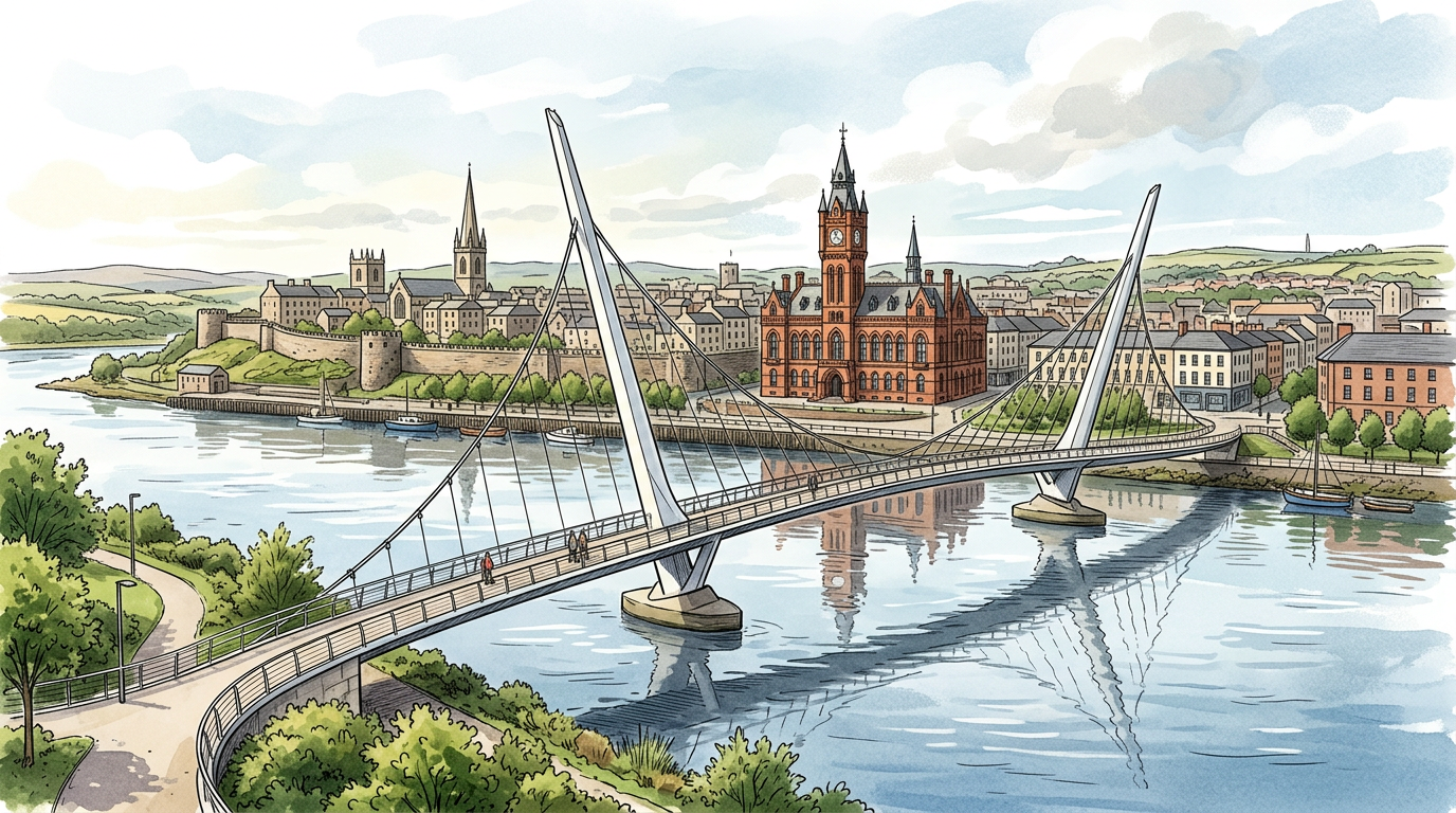 AI-generated travel illustration inspired by the Peace Bridge and River Foyle in Derry Londonderry