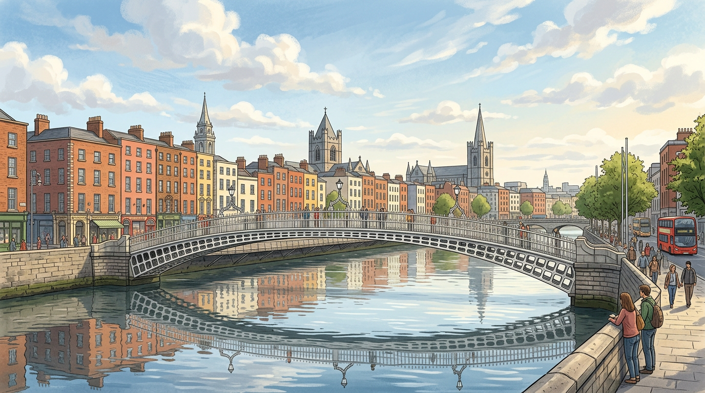 AI-generated illustration inspired by Ha’penny Bridge and the River Liffey in Dublin