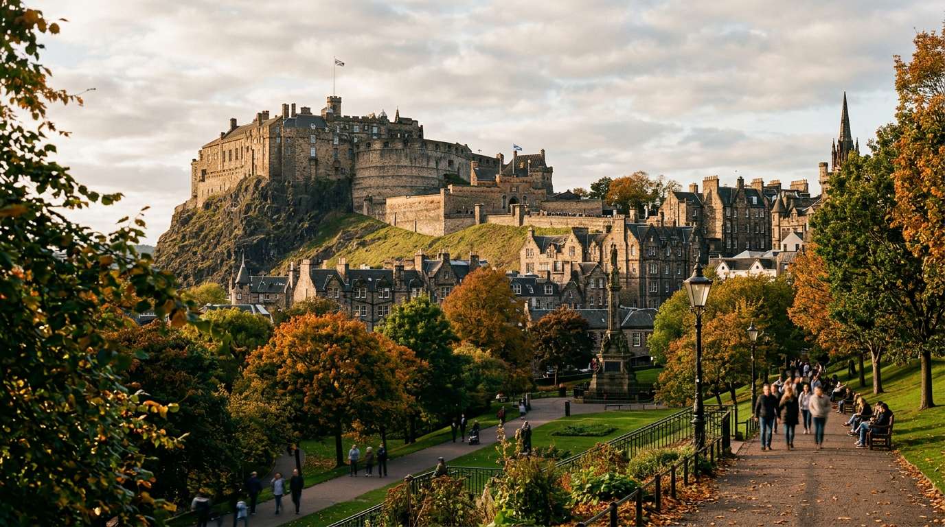 AI-generated travel illustration inspired by Edinburgh Castle and the Scottish capital