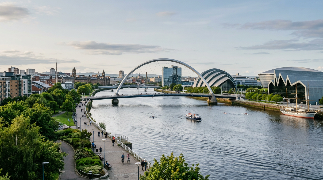 AI-generated travel illustration inspired by Glasgow and the River Clyde