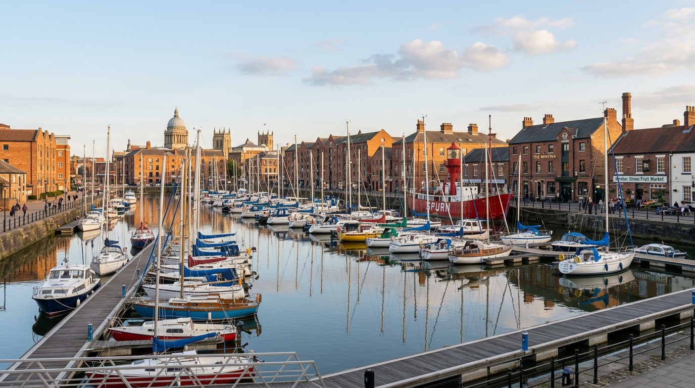 AI-generated travel illustration inspired by Hull Marina and its historic waterfront