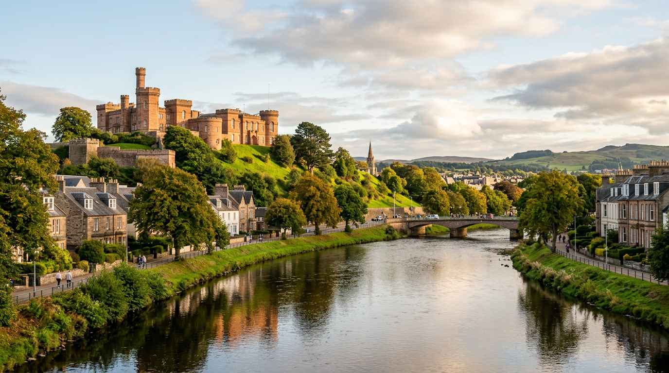 AI-generated travel illustration inspired by the River Ness and Inverness Castle
