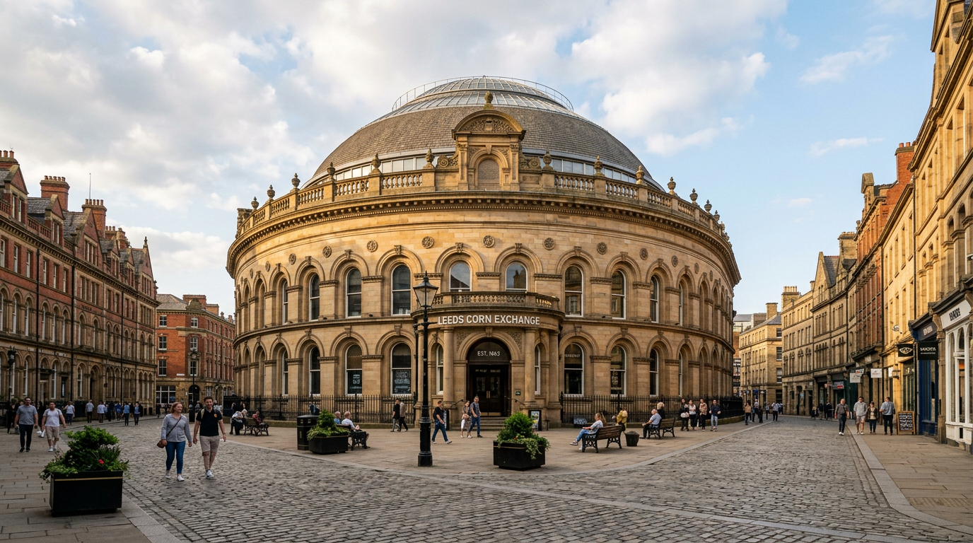 AI-generated travel illustration inspired by Leeds Corn Exchange and its surrounding square
