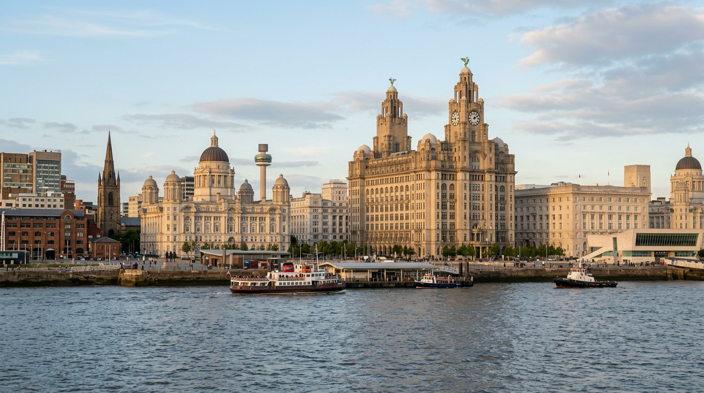AI-generated travel illustration of Liverpool waterfront and the Royal Liver Building