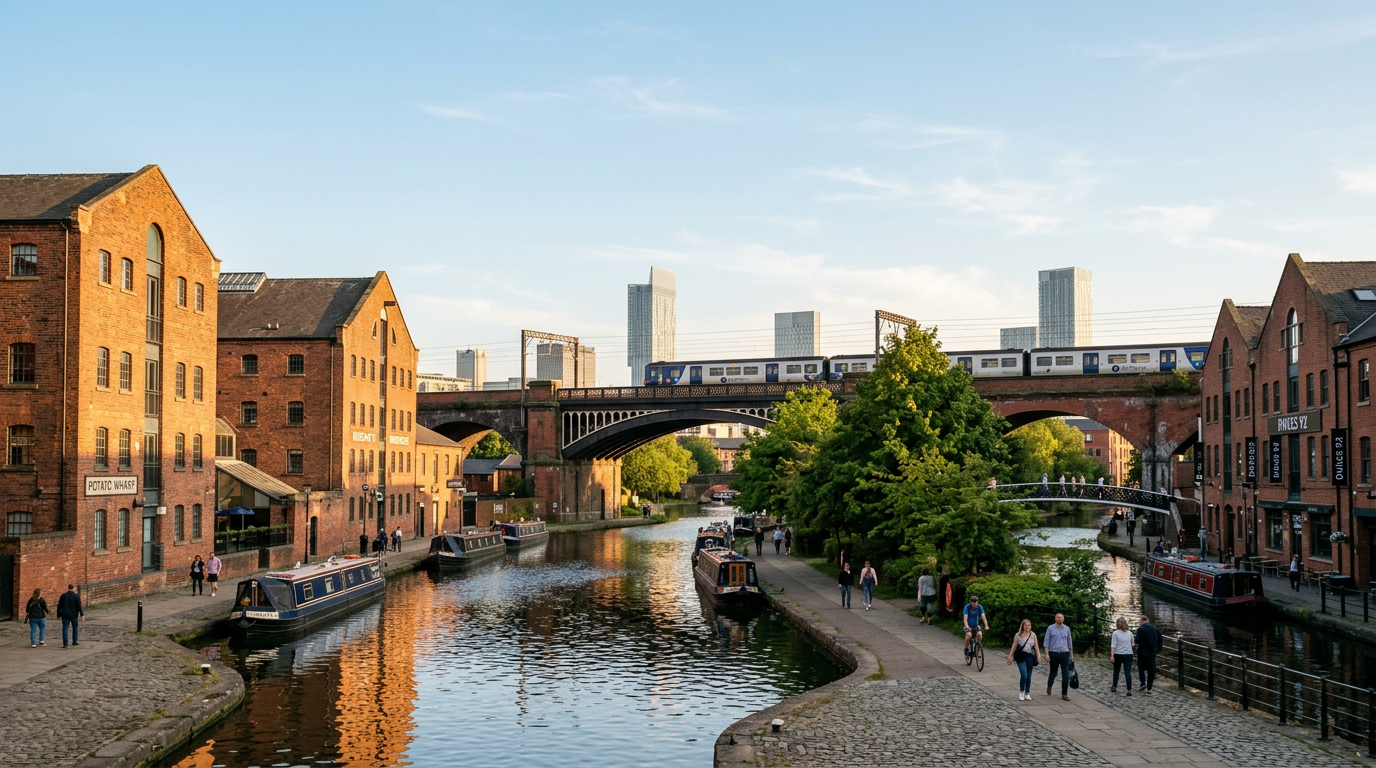 AI-generated travel illustration inspired by Manchester’s Castlefield canals