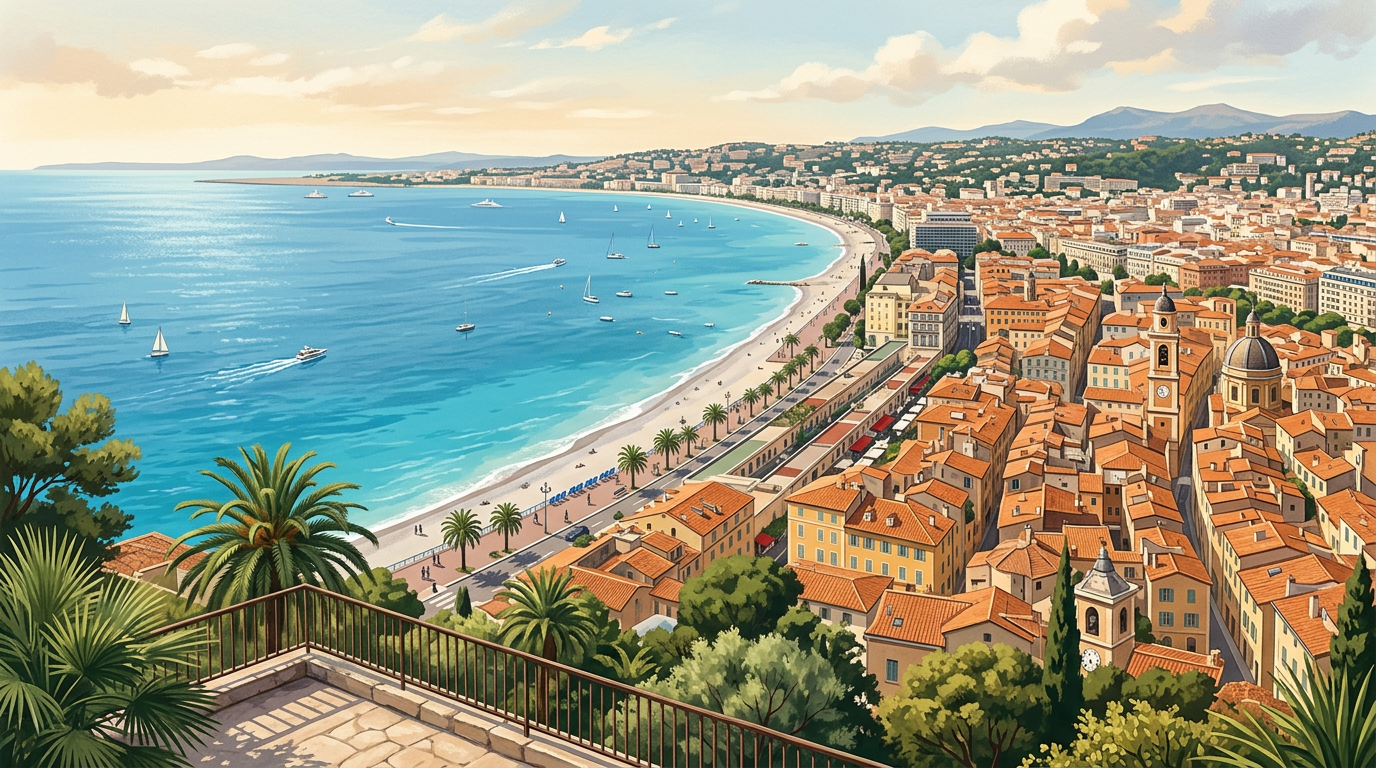 AI-generated travel illustration inspired by Nice on the French Riviera