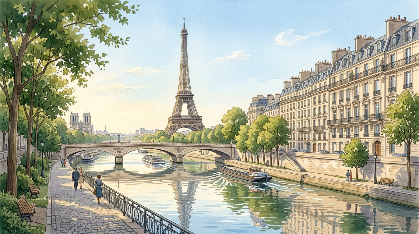 AI-generated travel illustration inspired by the Eiffel Tower and River Seine in Paris, France