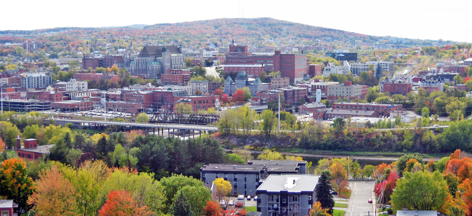 Panoramic view of downtown Sherbrooke and autumn trees in Quebec